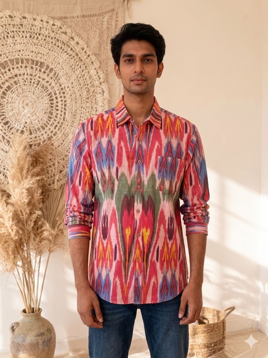 Red Ikkat  Full Sleeves Unisex Shirt