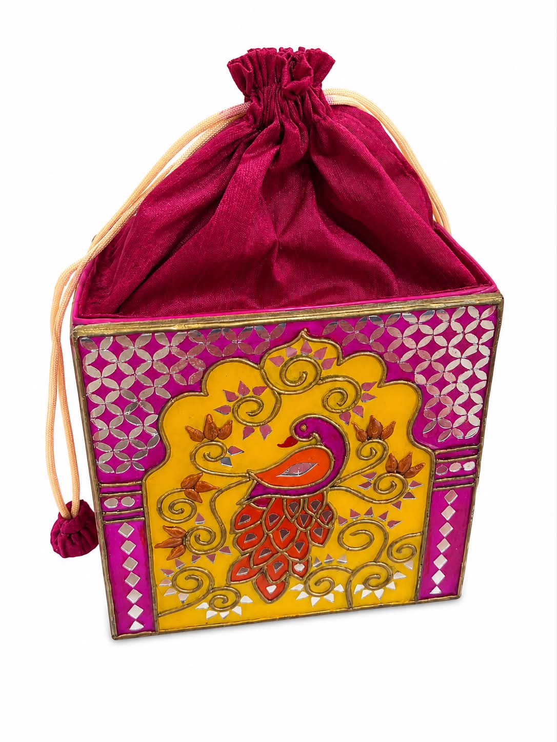Pink Golden Charm Peacock Lippan Art  Medium Potli Sling