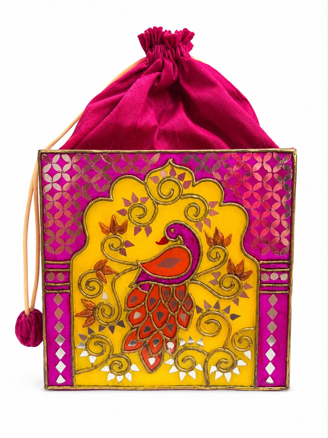 Pink Golden Charm Peacock Lippan Art  Medium Potli Sling