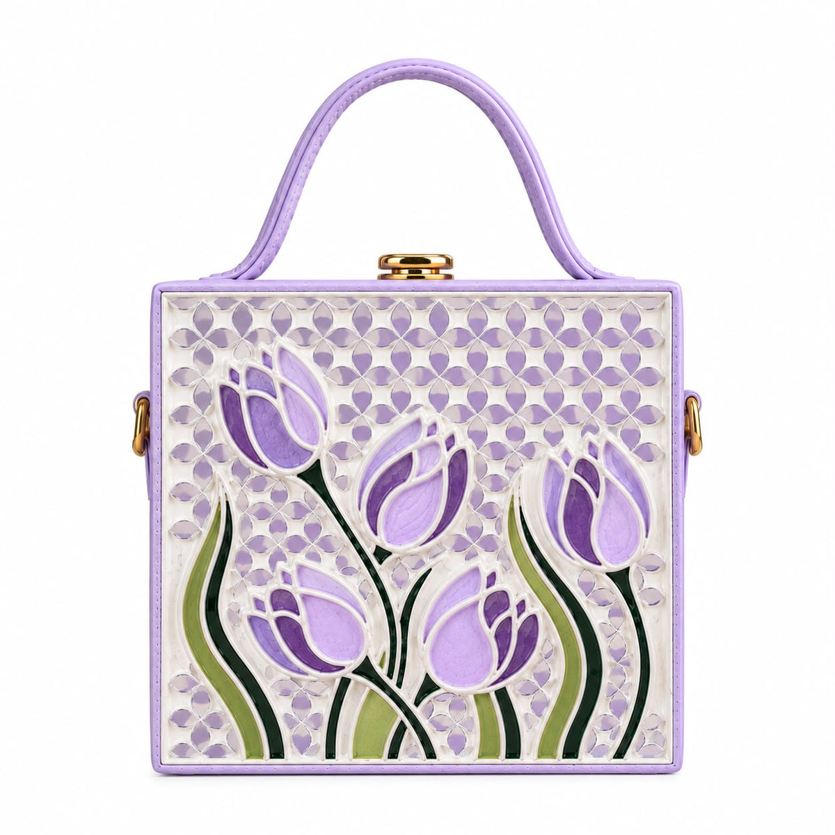 Lilac Tulip Blossom Handcrafted Lippan Art Box Bag