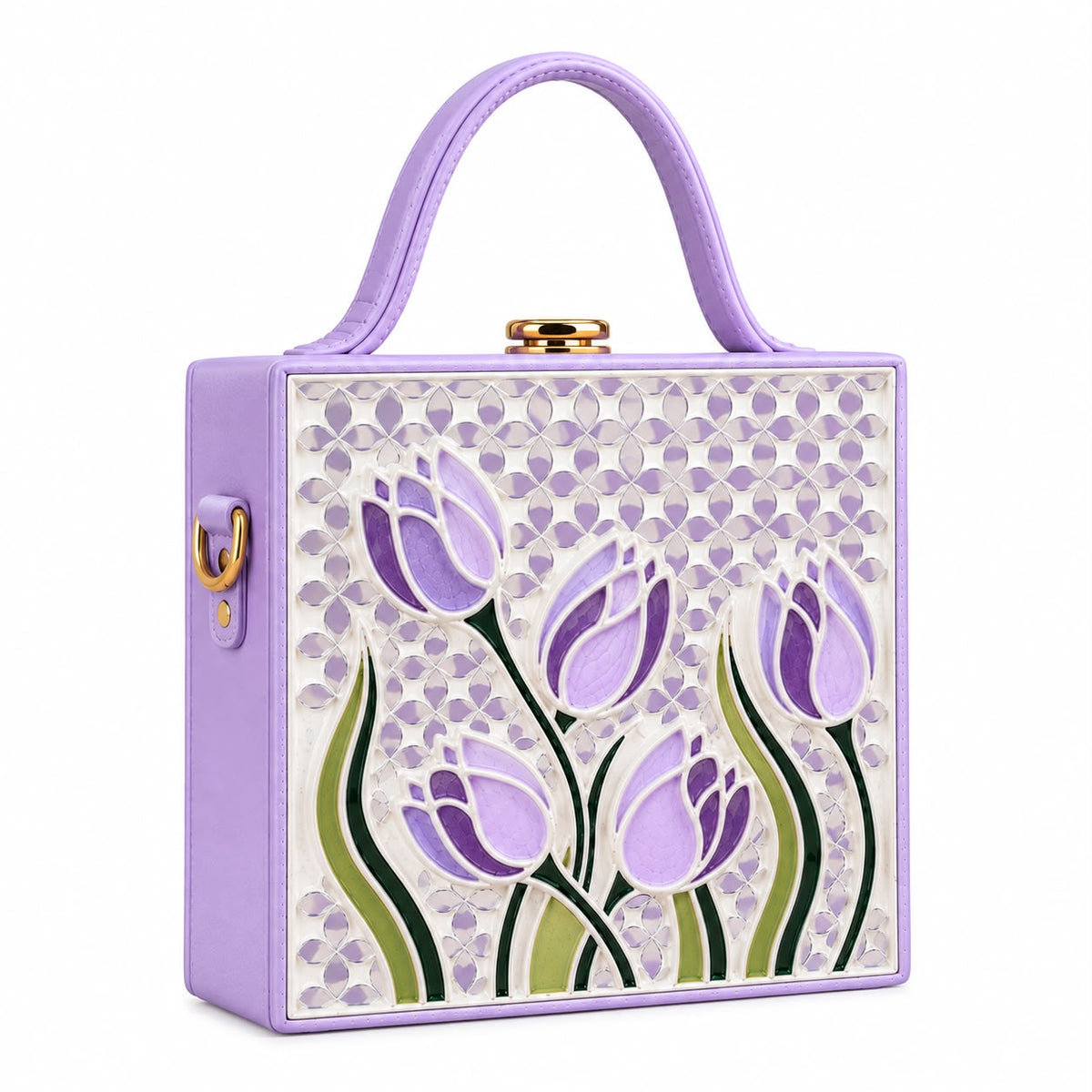 Lilac Tulip Blossom Handcrafted Lippan Art Box Bag