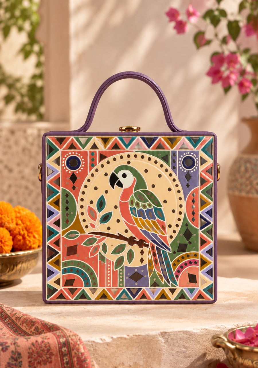 Tropical Parrot Handcrafted Lippan Art Box Bag