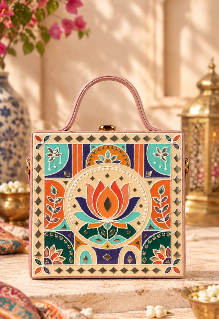Pastel Lotus Charm Handcrafted Lippan Art Box Bag