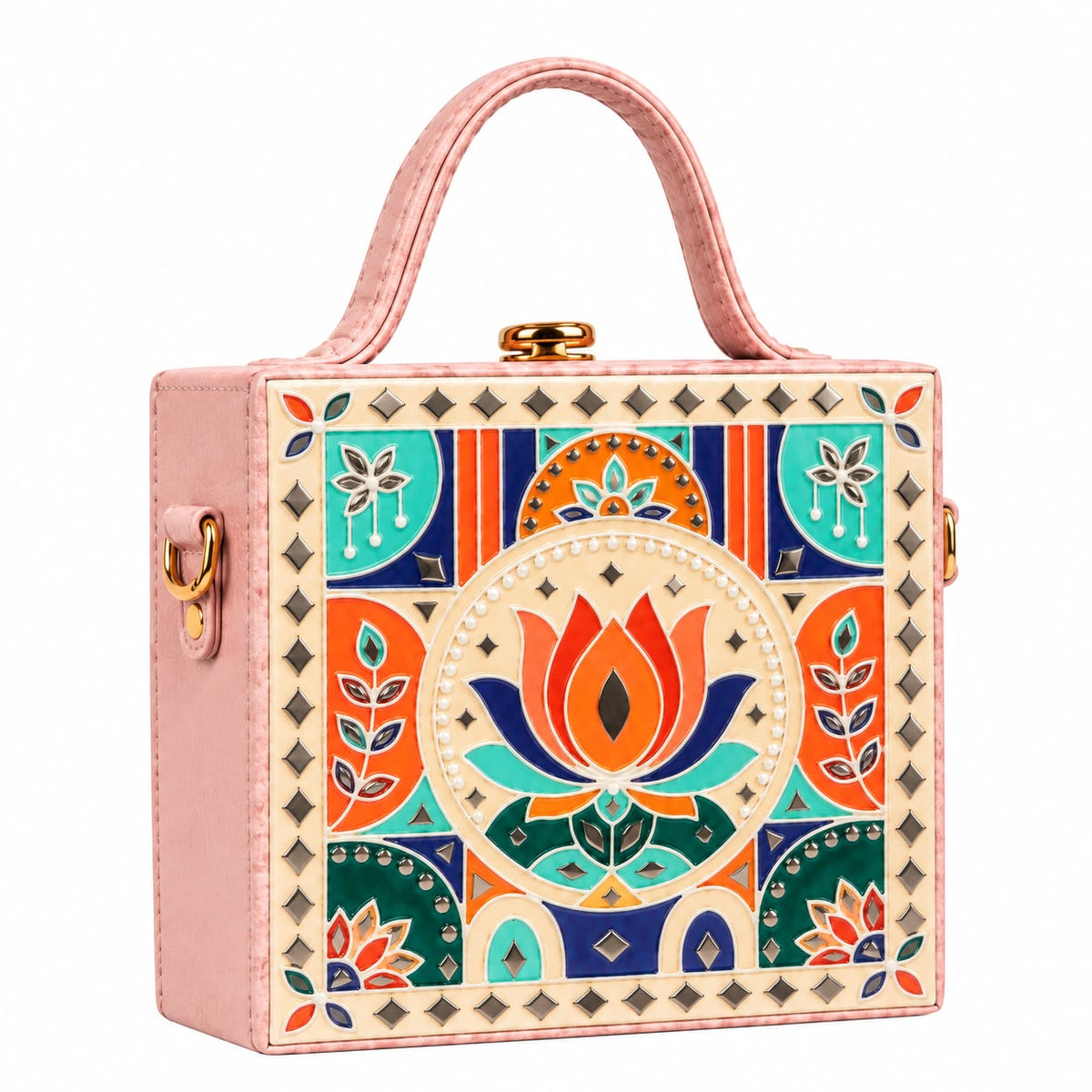 Pastel Lotus Charm Handcrafted Lippan Art Box Bag