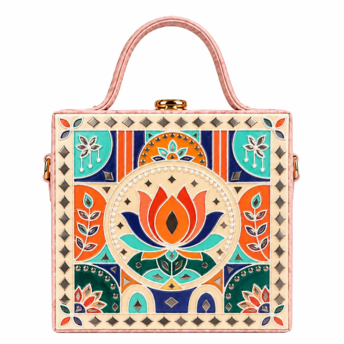 Pastel Lotus Charm Handcrafted Lippan Art Box Bag