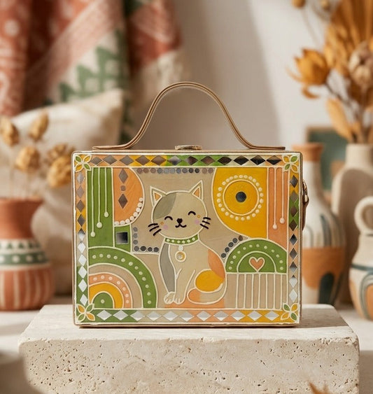Pastel Cat Charm Handcrafted Lippan Art Rectangle Box Sling Bag