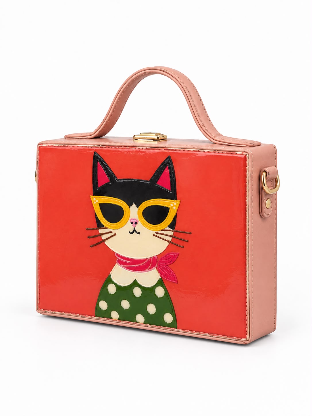 Retro Cat Handcrafted Lippan Art Rectangle Box Sling Bag