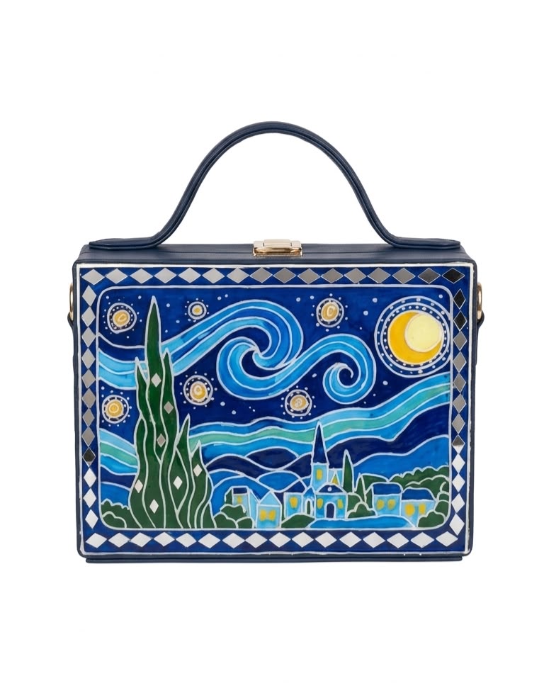 Starry Night Handcrafted Lippan Art Rectangle Box Sling Bag