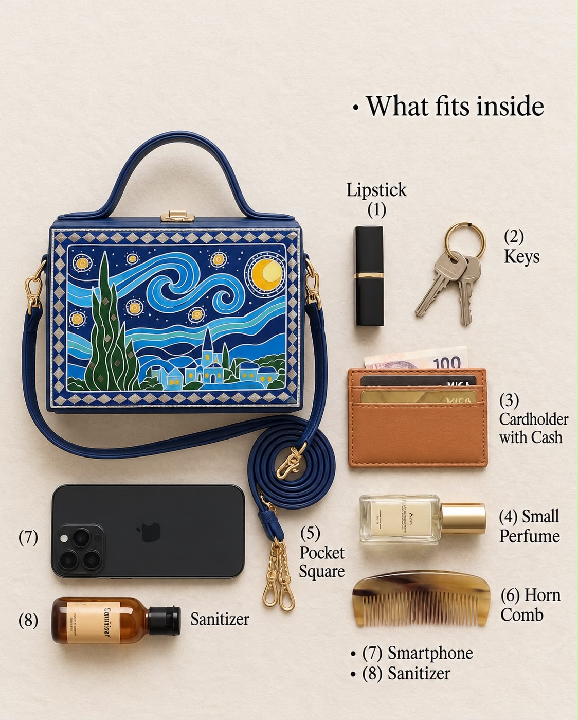 Starry Night Handcrafted Lippan Art Rectangle Box Sling Bag