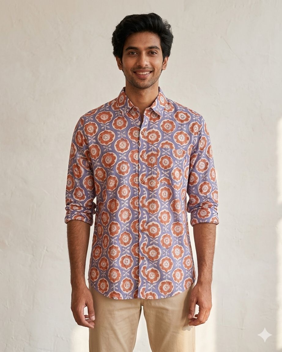 Orange Blue Flower  Full Sleeves Unisex Shirt