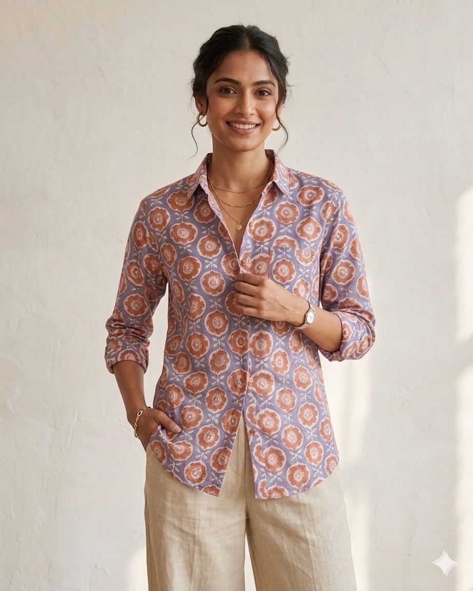 Orange Blue Flower  Full Sleeves Unisex Shirt