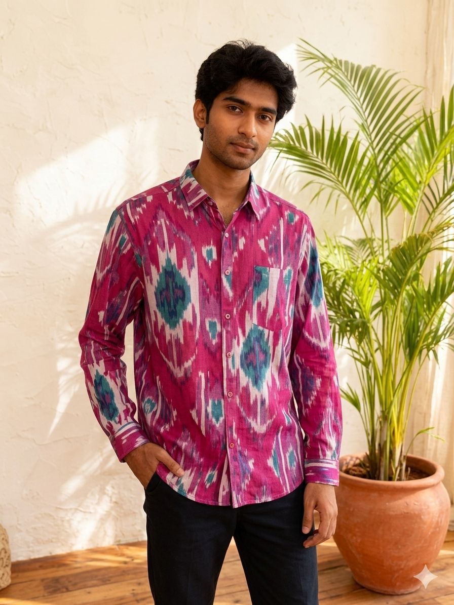 Pink Ikkat  Full Sleeves Unisex Shirt