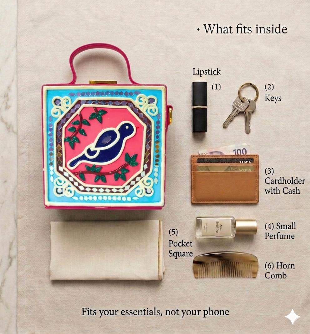 Mini Bird Lippan Art Handcrafted Square Box Bag