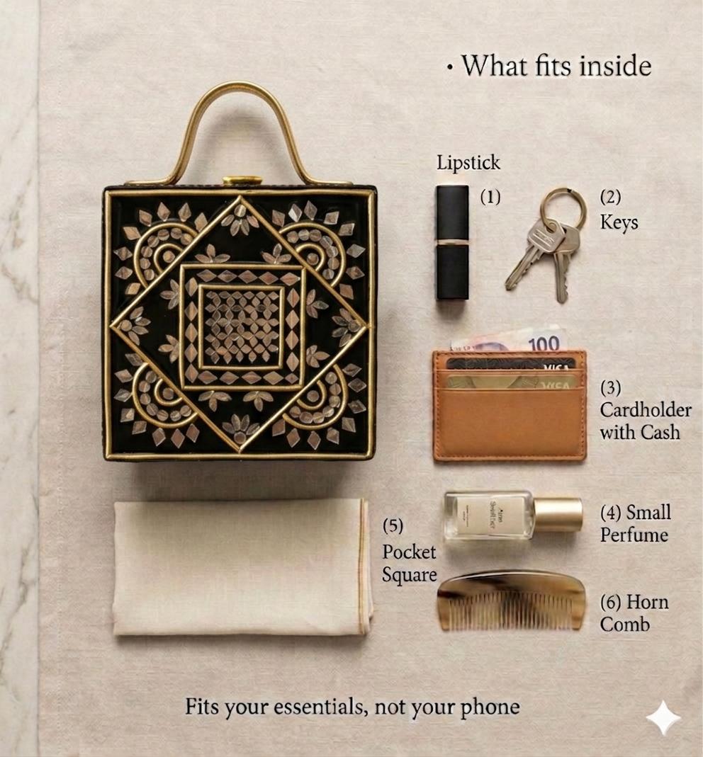 Mini Black Mandala Lippan Art Handcrafted Square Box Bag