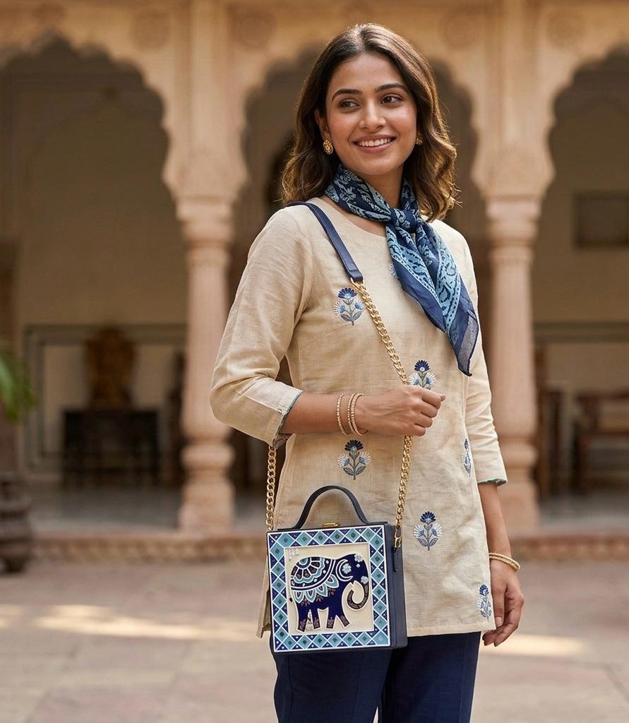 Elephant Lippan Art Handcrafted Square Box Bag