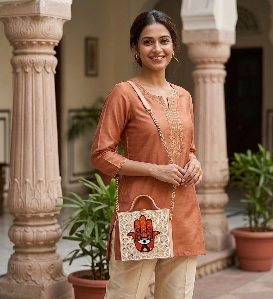 Hamsa Square Lippan Art Handcrafted Box Bag