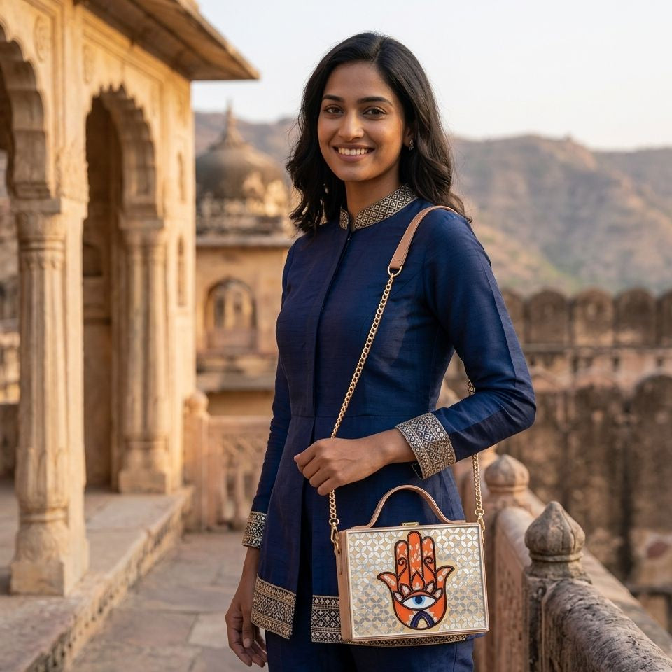 Hamsa Lippan Art Handcrafted Rectangle Box Bag