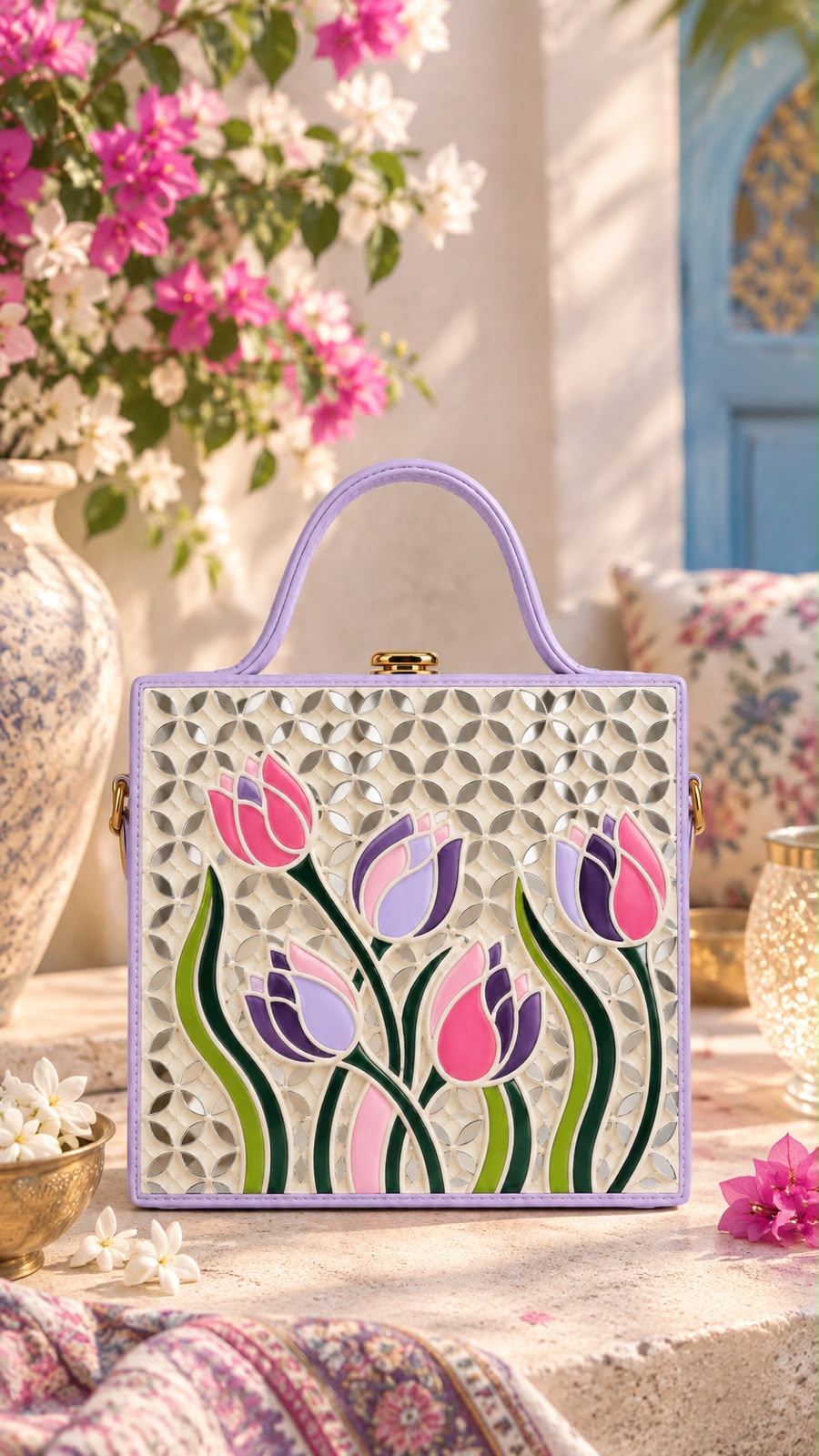 Dual Tone Tulip Blush Handcrafted Lippan Art Box Bag