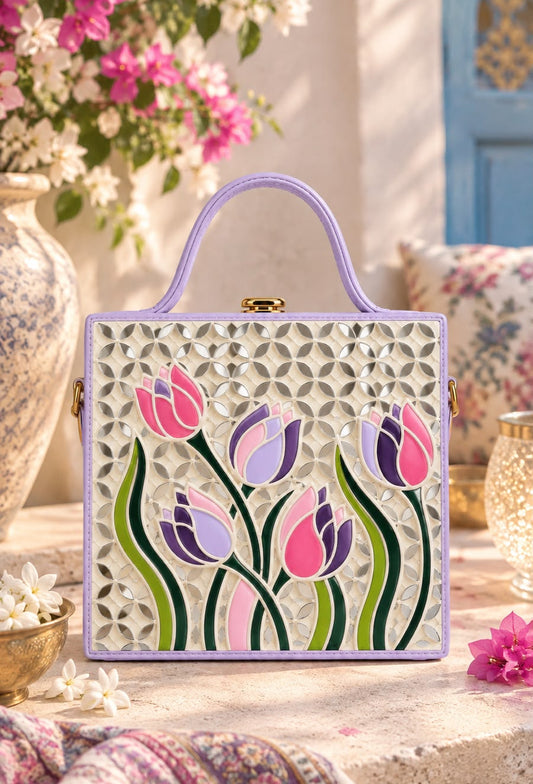 Dual Tone Tulip Blush Handcrafted Lippan Art Box Bag