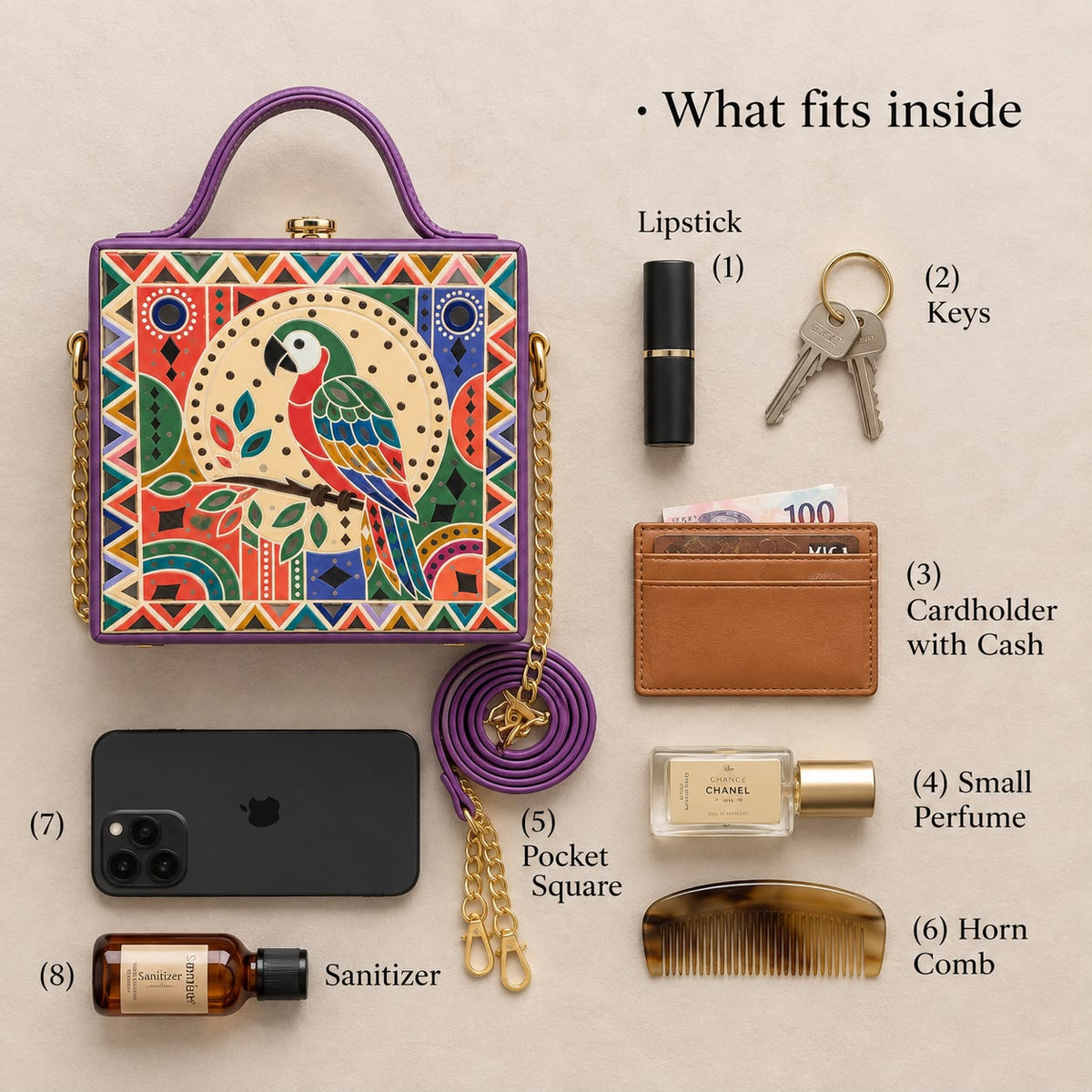 Tropical Parrot Handcrafted Lippan Art Box Bag