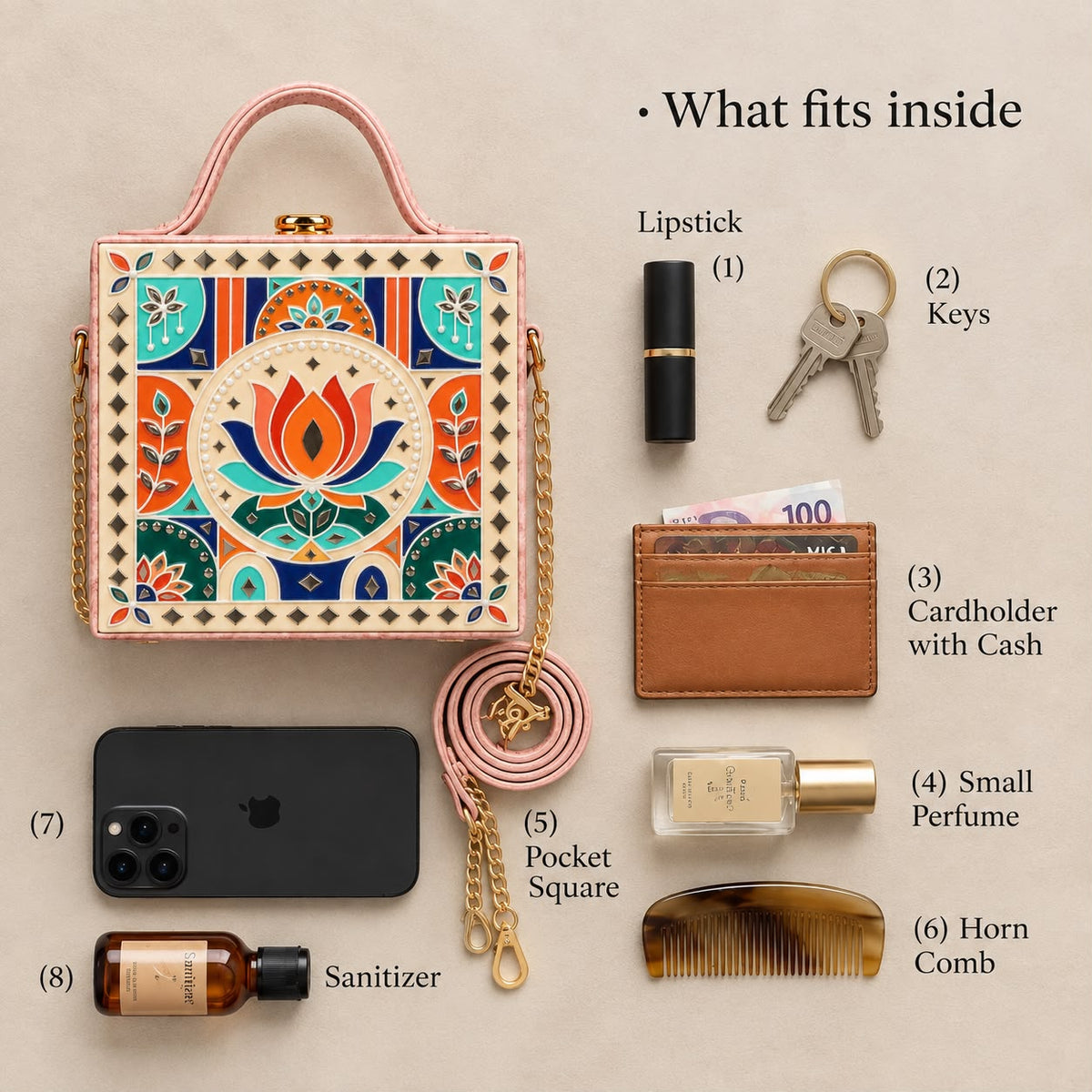 Pastel Lotus Charm Handcrafted Lippan Art Box Bag