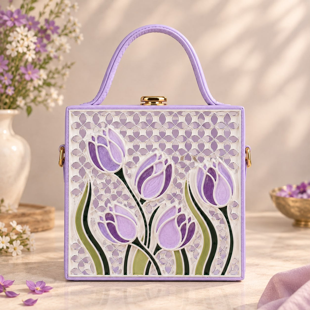 Lilac Tulip Blossom Handcrafted Lippan Art Box Bag