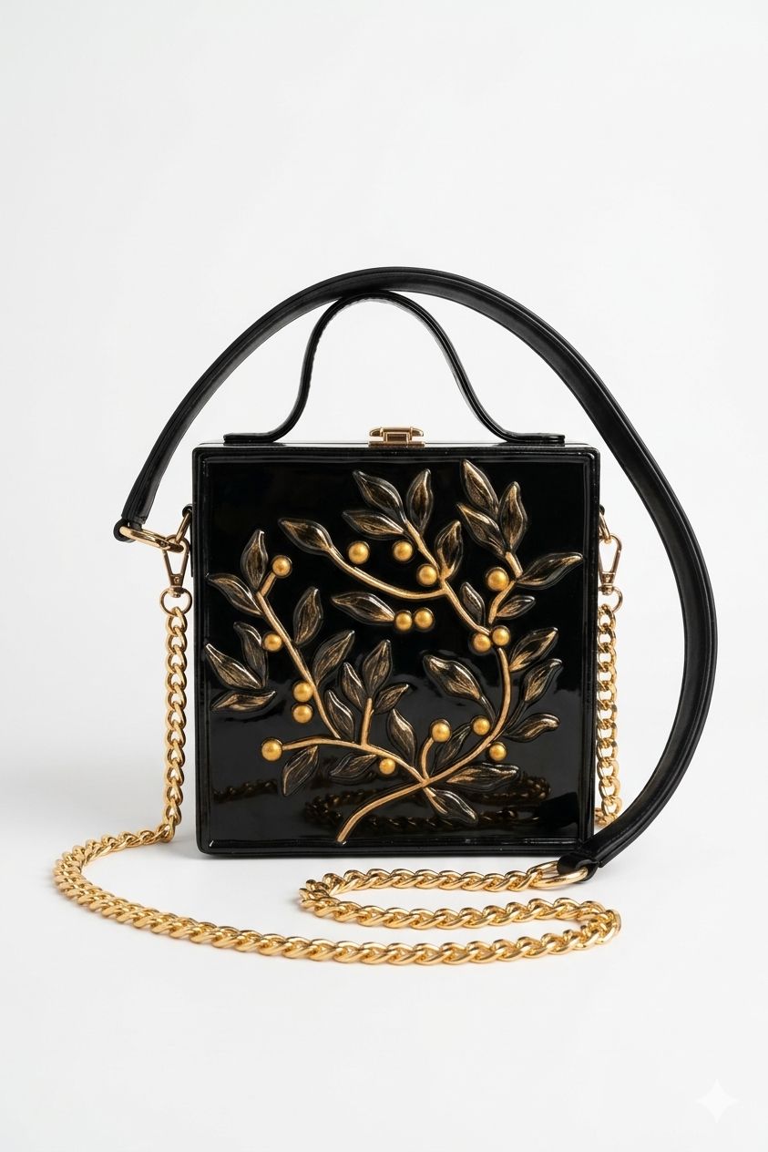 Black & Golden Leaf Square Lippan Art Handcrafted Box Bag