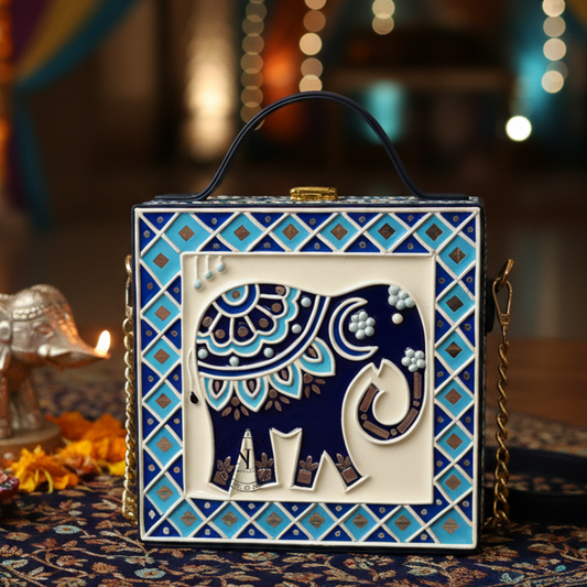 Elephant Lippan Art Handcrafted Square Box Bag