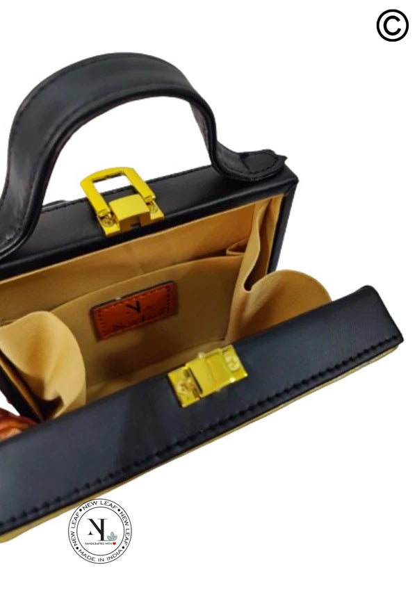Black & Golden Leaf Square Lippan Art Handcrafted Box Bag