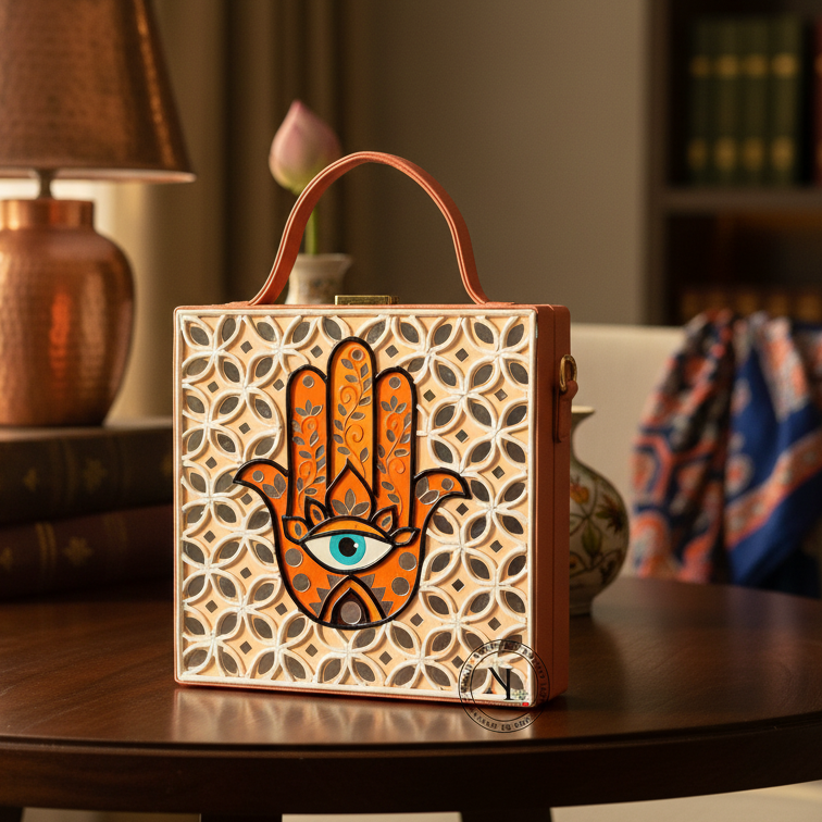 Hamsa Square Lippan Art Handcrafted Box Bag