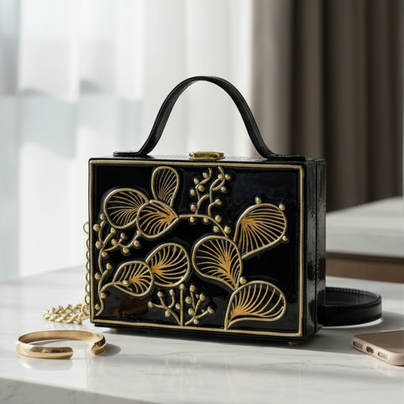 Gold Charm Lippan Art Handcrafted Rectangle Box Bag