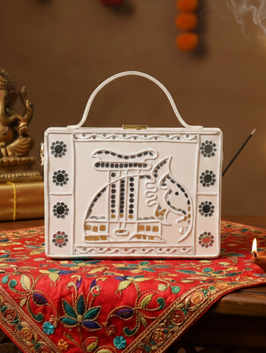 Elephant White Lippan Art Handcrafted Rectangle Box Bag
