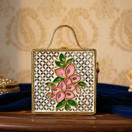 Mini Floral Lippan Art Handcrafted Square Box Bag