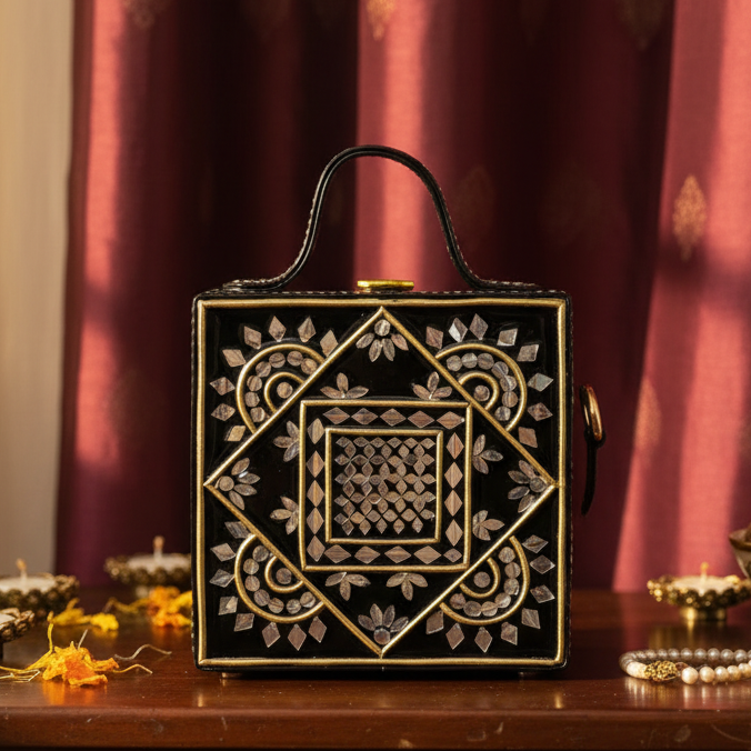Mini Black Mandala Lippan Art Handcrafted Square Box Bag