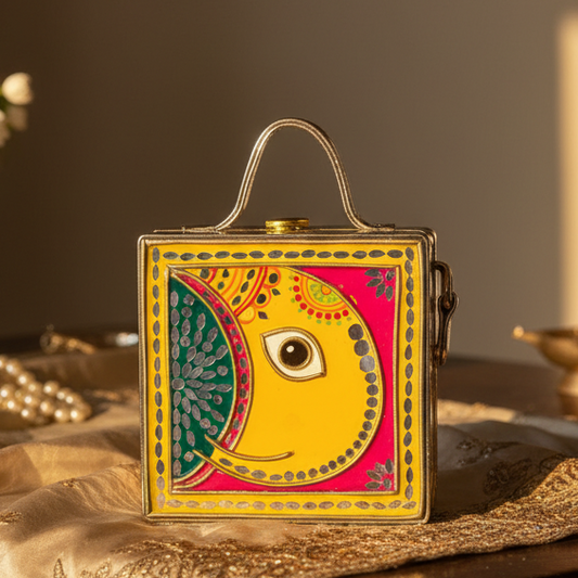 Mini Ganpati Lippan Art Handcrafted Square Box Bag