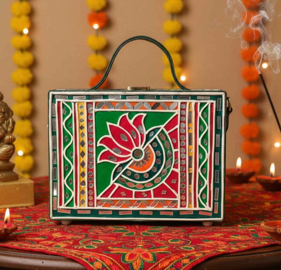 Green Lotus Lippan Art Handcrafted Rectangle Box Bag