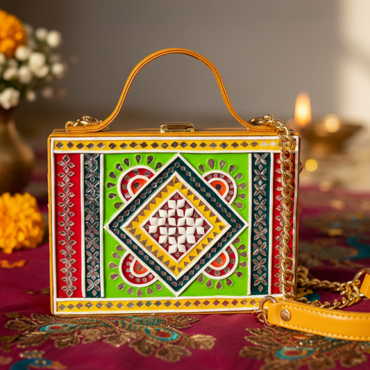 Mandala Lippan Art Box Sling Bag | Handcrafted Mirror Work Sling