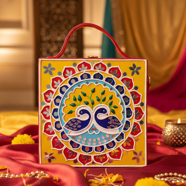 Navrang Peacock Square Lippan Art Handcrafted Box Bag