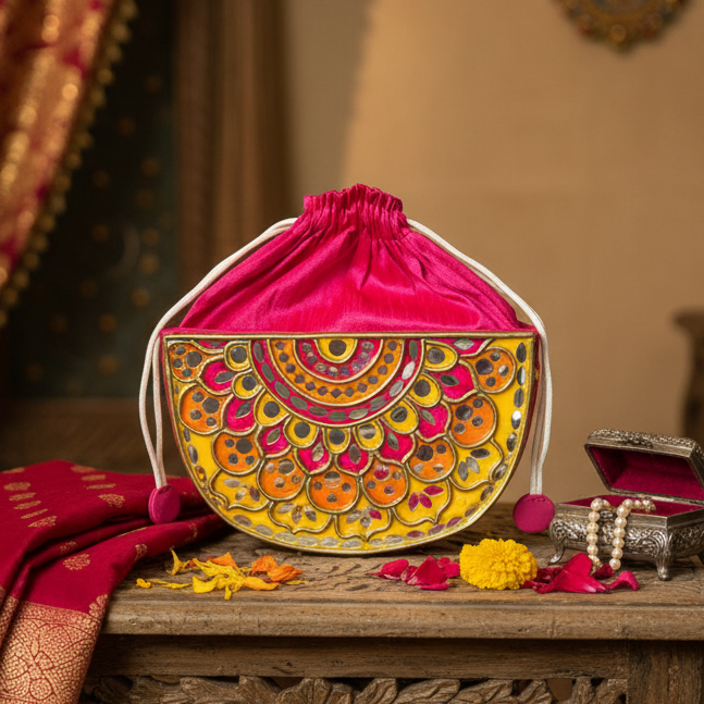 Pink Festive Charm Semi Circle Lippan Art Handcrafted Potli Bag with Sling