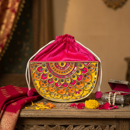 Pink Festive Charm Semi Circle Lippan Art Handcrafted Potli Bag with Sling