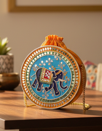 Indie Elephant Lippan Art Handcrafted Potli Bag with Sling