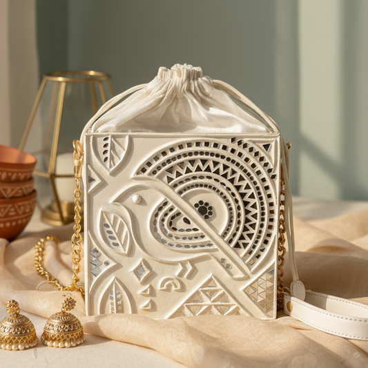 White Bird Lippan Art Handcrafted Potli Bag