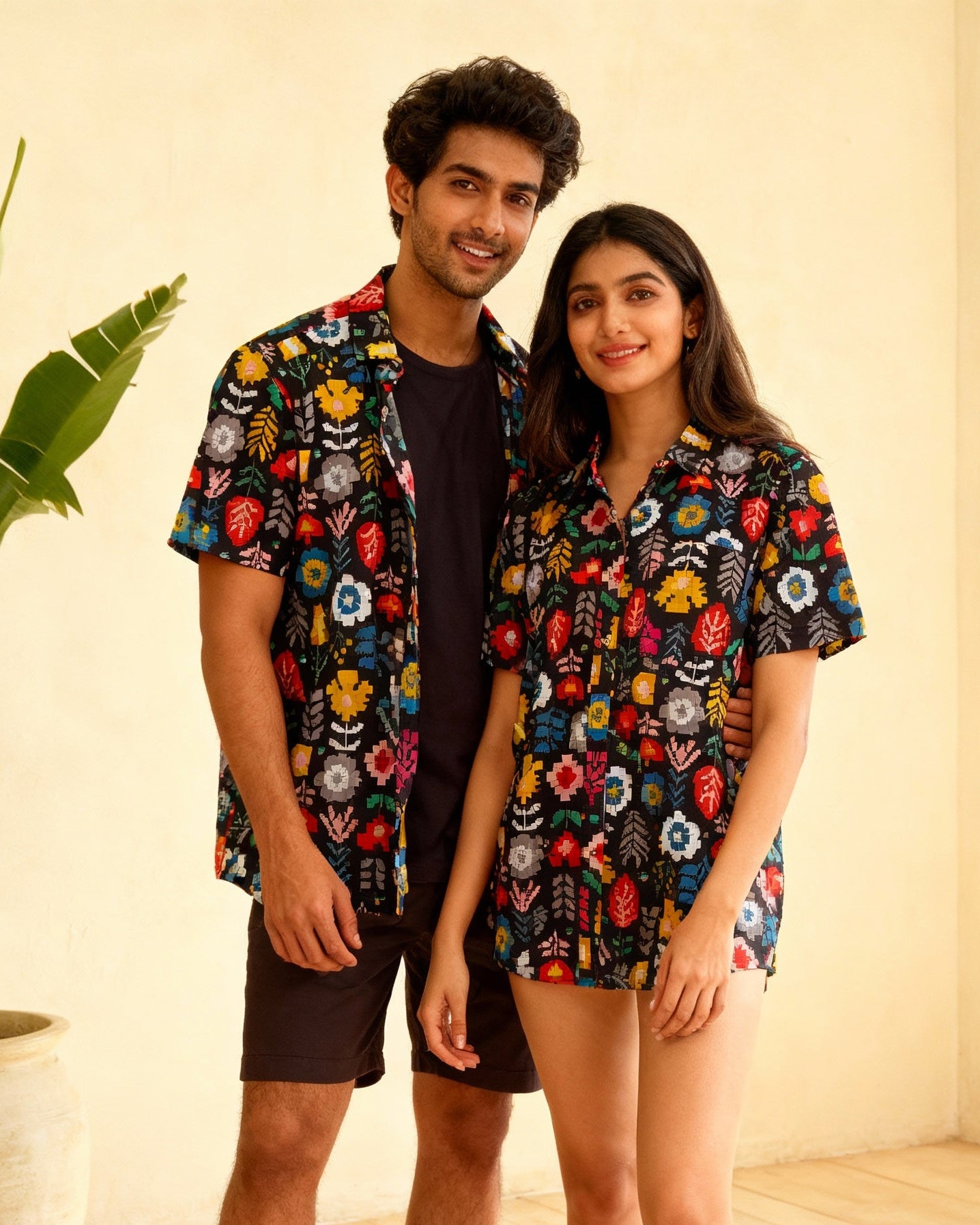 Black Floral Unisex Short Sleeves Shirt