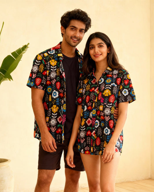 Black Floral Unisex Short Sleeves Shirt
