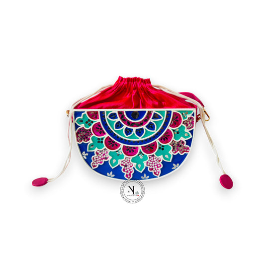 Mandala Semi  Circle Lippan Art Handcrafted Potli Bag with Sling