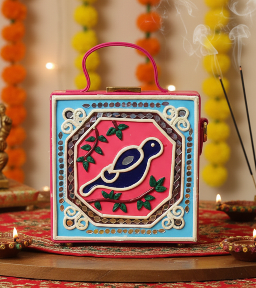 Mini Bird Lippan Art Handcrafted Square Box Bag