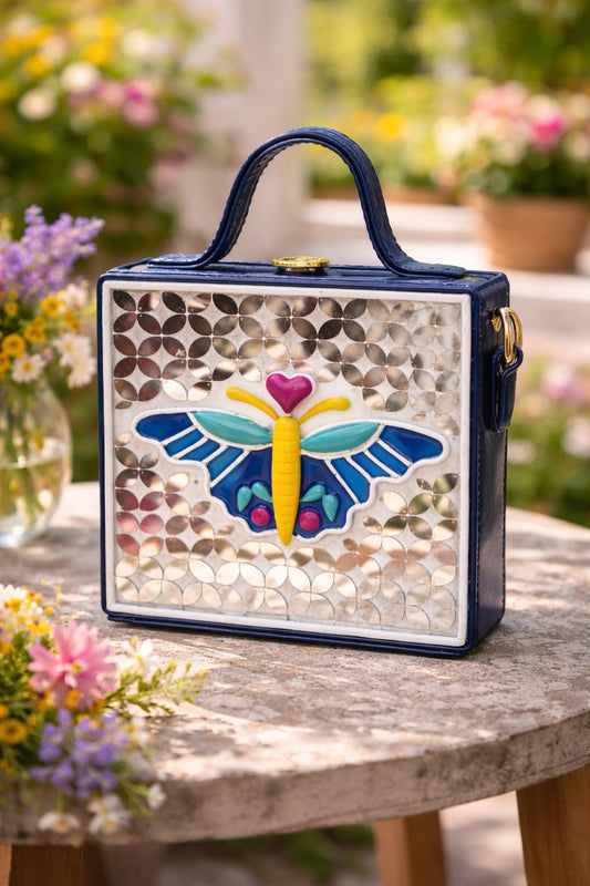 Mini Butterfly Lippan Art Handcrafted Square Box Bag