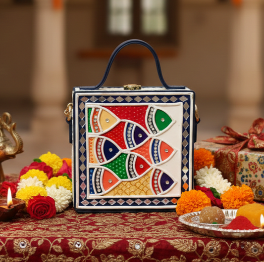 Mini Fish Lippan Art Handcrafted Square Box Bag