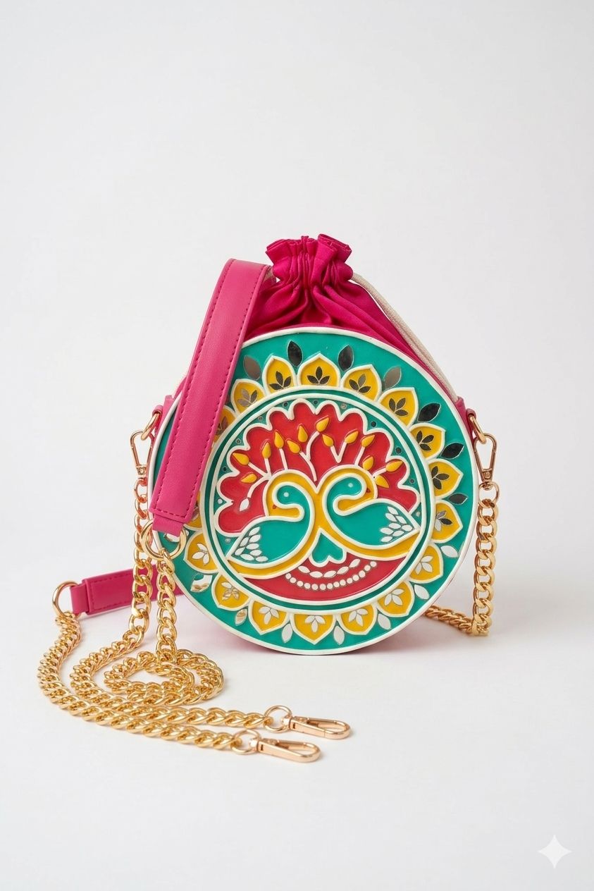 Peacock Bloom Lippan Art Handcrafted Circle Potli Bag