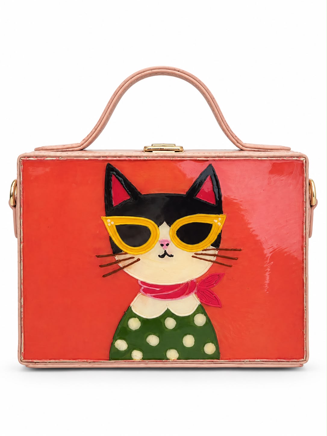 Retro Cat Handcrafted Lippan Art Rectangle Box Sling Bag